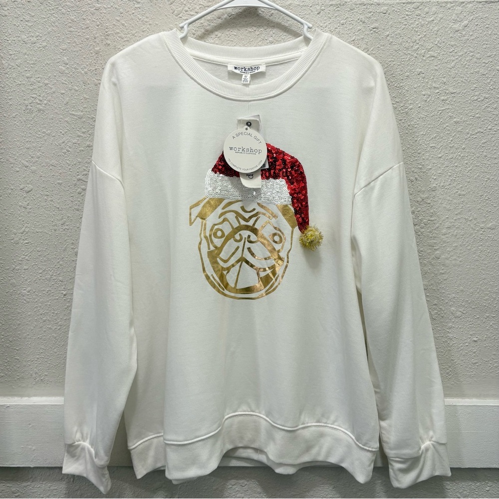 Workshop Republic Clothing Pug with Christmas Hat Light Sweatshirt Top NWT XL